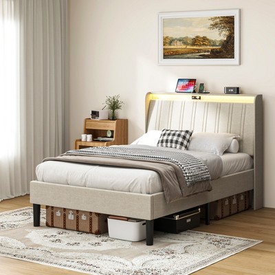 Twin Size Platform Bed with Fabric Upholstered Headboard and Wooden Slats Support