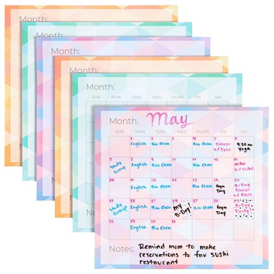 Paper Junkie 6-Pack Undated Monthly Adhesive Peel and Stick Calendar Reusable Calendar for Wall, Home Office, 3 Assorted Colors (13.75x12.8 in)