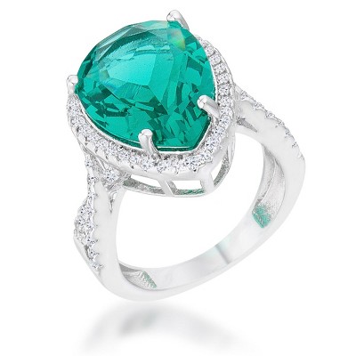 Slickblue 9.9ct Blue Green CZ Teardrop Cocktail Ring for Women, Rhodium-Plated, Classic Pave Setting, Size 5-10