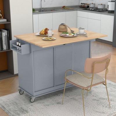 52.7 In. W Mobile Kitchen Island with Drop Leaf Wood Top, Spice Rack and Locking Wheels-ModernLuxe