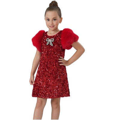 2Bunnies Girls' Christmas New Year Holiday Party Sequin Dress Fur Puff Sleeve