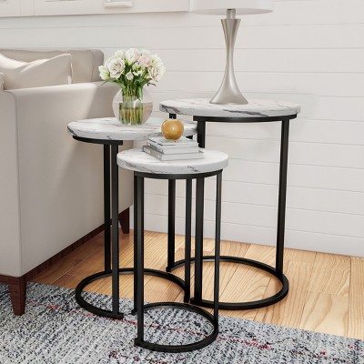 Lavish Home Set of 3 Round Living Room End Tables – Modern Faux Marble Top and Black Metal Base Nesting Tables or Nightstands