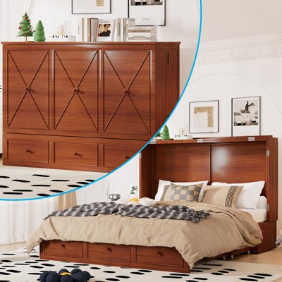 Mjkone Murphy Bed with Foldable Mattress,Modern Cube Cabinet Bed with Storage Drawer & USB Charging Station