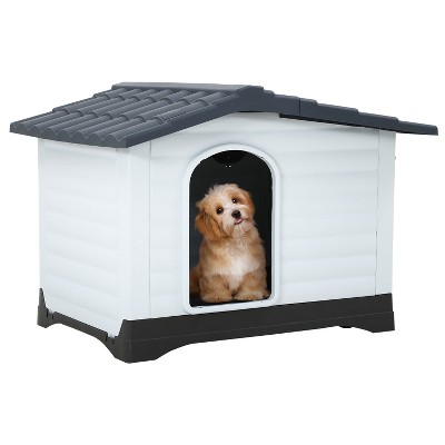 FDW 26 Inch Dog House Durable Waterproof Plastic Outdoor Indoor Doghouse with Elevated Floor Air Vents Easy Clean and Assemble, Blue