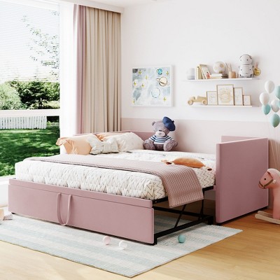 TIRAMISUBEST Twin Size Upholstered Daybed with Pop Up Trundle, Twin to King Extendable Daybed Frame Sofa Bed with Slats Support