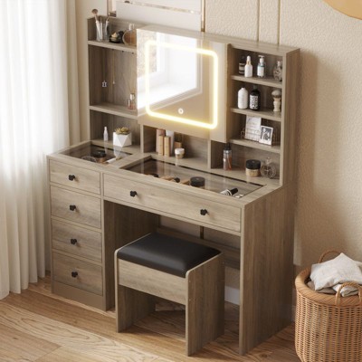 Barbie Pink Particle Board Tempered Glass Tabletop Laminated with Textured Melamine 5-Drawer Dressing Table Set