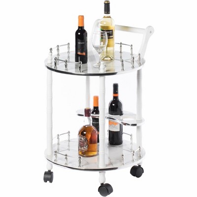 Fabulaxe Round Wood Serving Bar Cart Tea Trolley with 2 Tier Shelves and Rolling Wheels