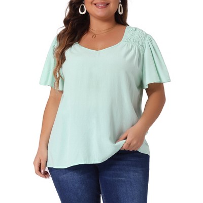 Women's Plus Size Smocked Shoulder Ruffle Sleeve V Neck Chiffon Summer Casual Blouses - Agnes Orinda