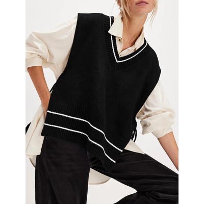 Sweater Vest for Women V Neck Sleeveless Knit Solid Casual Ribbed Preppy Pullover Tops