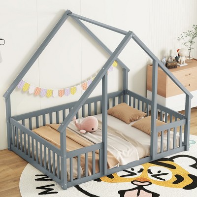 Lyngins Twin/Full Size House-Shaped Floor Bed,Wood Bed Frame with Fence&Guardrails,Montessori Floor Bed for Kid's Room,Bedroom