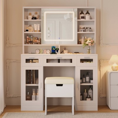 Lycvki 41.3" Makeup Vanity Table with Sliding Mirror and Storage Stool