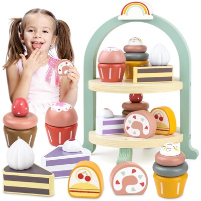 Tea Party Set for Little Girls with Cupcake Stand, Wooden Tea Set Toys for Girls Age 3-7 Year Old, Toddler Kids Kitchen Pretend Play Toys for Girls