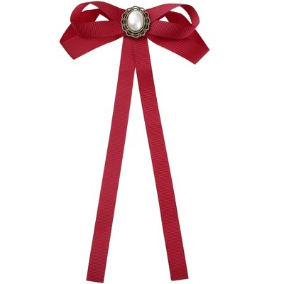 INSPIRE CHIC Women's Pre-Tied Long Ribbon Bowknot Faux Pearl Brooch Pin Tie