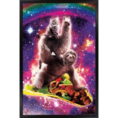 Trends International James Booker - Space Sloth Llama Cat Riding Taco Framed Wall Poster Prints