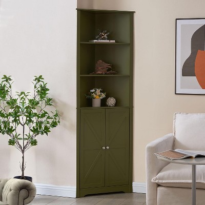 Kings Brand Furniture Tall Wooden Corner Cabinet with 2 doors & 3 shelves—perfect for saving space in the bathroom, kitchen, or living room.