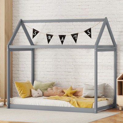 House Bed Frame With Roof, Twin Size Wooden House Bed Floor Beds, Fun Playhouse Bed Frames, For Kids Girls & Boys