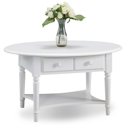Leick Home Coffee Table White: Oval Rubberwood, 36" Width, Living Room Furniture with Storage Shelf