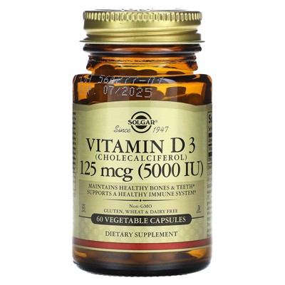 Solgar Vitamin D3, 125 mcg (5,000 IU), 60 Vegetable Capsules