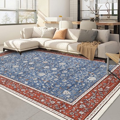 Area Rug Floral Washable Rug Vintage Non-Slip Carpet Indoor Floor Stain Resistant Carpets for Bedroom