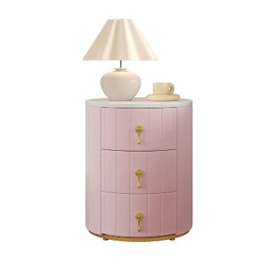 Gulches 2 Set Upholstered Nightstand with 3 Drawers, Round Bedside Table, Marbling Top & Metal Handles