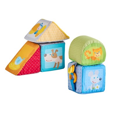 HABA Animal Soft Baby Blocks for 6-12 Months - 5 Geometric Shape Baby Sensory Toys with Rattle, Mirror, Squeaker & Crinkle Foil