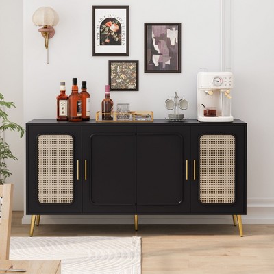 Okak Rustic Rattan Decorative Sideboard Cabinet with 4-Door & Adjustable Shelves, Functional Buffet Cabinet for Kitchen Dining Room