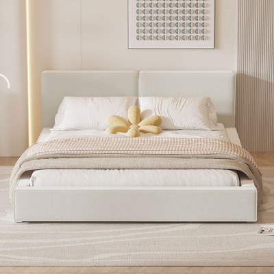 TiramisuBest Queen Upholstered Platform Bed with Dual USB Outlets, Storage Shelves, Bedside Pillows, Velvet Fabric, Beige