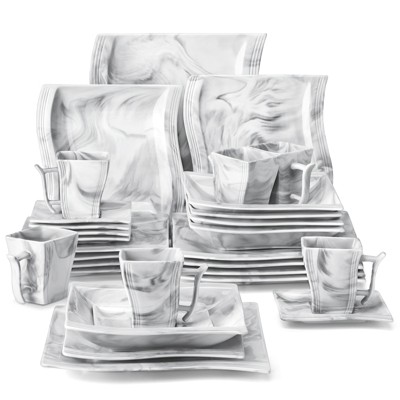 vancasso 30 Pieces Porcelain Dinnerware Set, Grey Mable Set, Corrugated Plates, Service For 6 Person