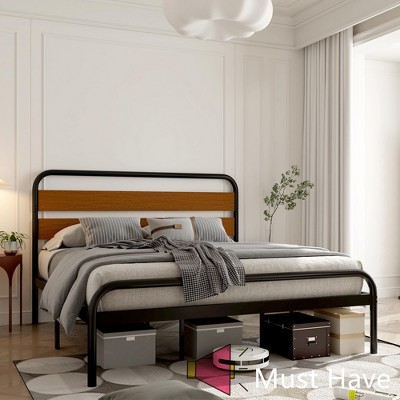 Jojoka King Size Bed Frame with Rustic Wood Headboard, Heavy Duty Metal Platform, Underbed Storage, Noise-Free, No Box Spring Needed, Easy Assembly