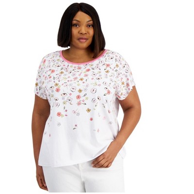 Tommy Hilfiger Womens Ditsy Doodle Floral Graphic T-Shirt, White, 1X