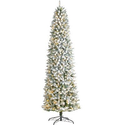 Nearly Natural 9-ft Slim Flocked Montreal Fir Artificial Christmas Tree with 600 Warm White LED Lights and 1860 Bendable Branches