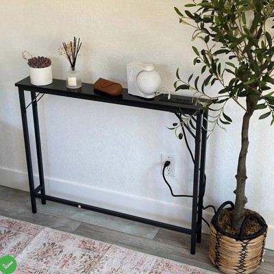 Console Table 5.9" Narrow Console Table with Power Outlets, Compact Sofa Table with Storage, Sleek Design