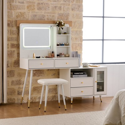 MOEPISY Modern Makeup Vanity Desk with Mirror, Retractable Dressing Table with Drawers and Cabinet, White