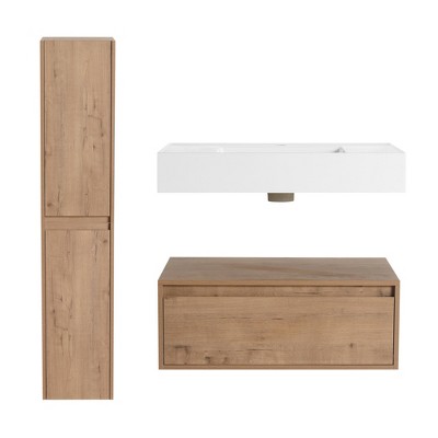 ChicFurnit 30 Inch Bathroom Vanity Wall Mounted Vanity Resin Sink Side Cabinet with Soft Close Drawer for Bathroom, Brown, 29.5"*18.1"*15.8"