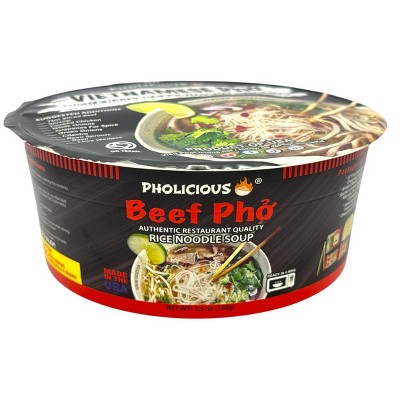 Pho, Beef, Pholicious Authentic Instant Pho , Vietnamese Rice Noodle Soup, 4 pack / 3.6 Ounce Bowls, Ramen Alternative & Fresh Ingredients