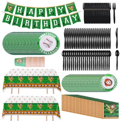 NewHome"171-Piece Baseball Party Supplies Kit – Themed Plates, Cups, Napkins, Cutlery, Tablecloth & Decor"Green