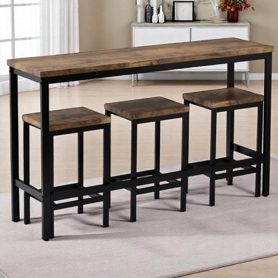4-Piece Extra Long Counter Height Dining Table Set with 3 Stools, Pub Table with Footrests, Space-Saving Metal Frame Kitchen Bar Set for Apartment