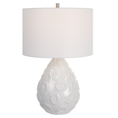 Uttermost Loop White Glaze Ceramic Table Lamp – 25"H Handcrafted with Rolled Edge Shade & Brushed Nickel Accents