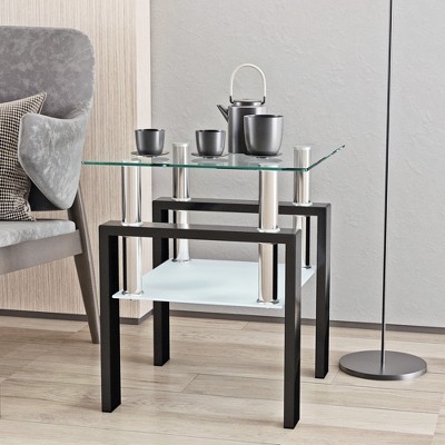 Syemin Glass End Tables, Double Tier Large Side Table with Tempered Glass Top for Living Room Decoration, Clear, 17.72"*17.72"*20.5"