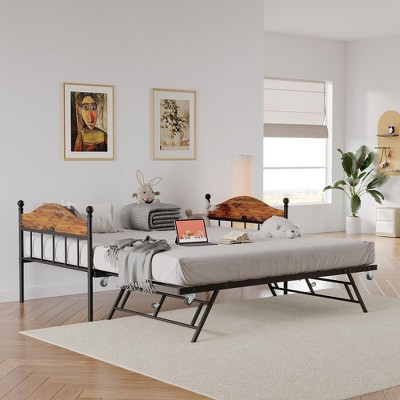 COZONY Twin Daybed with Trundle – Metal Bed Frame with Pop-Up Trundle, Headboard & Heavy Duty Steel Slats, Bedroom and Guest Room