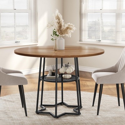 Modern 38.6-Inch Round Wood Dining Table with Hexagonal Metal Base and Central Storage Net