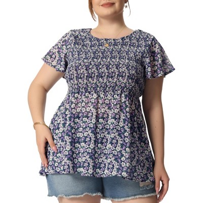 Agnes Orinda Women's Plus Size Chiffon Smock Waist Ditsy Floral Peplum Casual Blouses