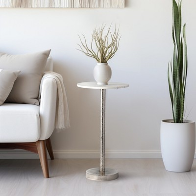 Elegant End Table, Side Table, or Small Night Stand for Room Decor - Bold Hammered Metal Bedside Table with Polished Marble Top for Small Spaces