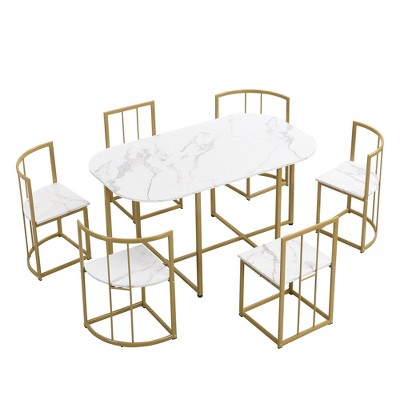 TiramisuBest Modern 7-Piece Dining Table Set with Faux Marble Compact 55Inch Kitchen Table Set for 6, White+Cherry