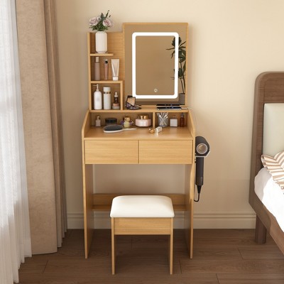 ORRD Vanity Table with LED-Illuminated Mirror, Power Outlet, Hairdryer Holder & Stool – Compact Dressing Desk for Small Bedrooms(Wood)