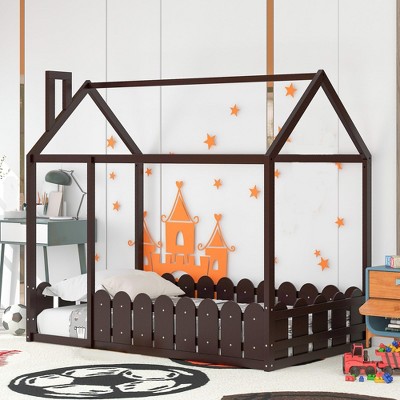Wooden Canopy Bed Frames, Mattress House Platform Bed Floor Bed Frames with Guardrail for Guest Room Boys Girls Bedroom, Espresso