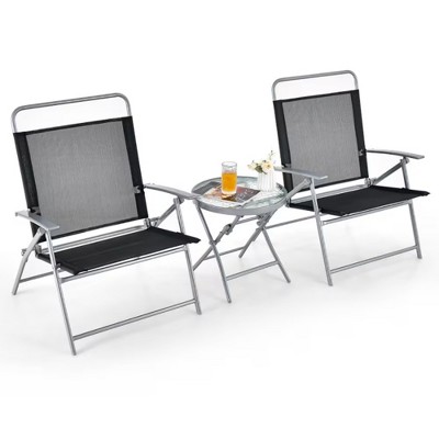 DSVIMOY Patio Accent Table Set 3 Piece Folding Chair Set for Outdoor Conversation Space, Black and Silver, 40"*30"*20"