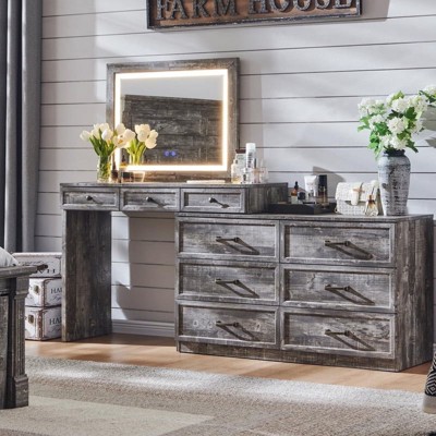Mastgoal 69" W Big Vanity Desk with Glass Top, Farmhouse Makeup Table with 9 Large Storage Drawers, 3 Color Available Light & 30" HD Led Mirror