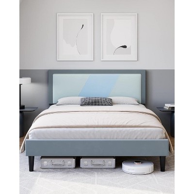 Acekool Full Size Platform Bed Frame, Adjustable Tufted Headboard, Velvet Upholstered, No Box Spring Needed, Light Blue
