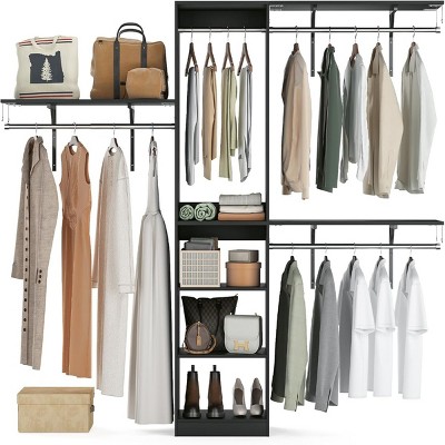 SEVOBAL Freestanding Coat Racks 6 Shelves and 3 Rods Heavy-Duty Wood Closet Organizer System， Adjustable Storage for Using, Black, 15.8"*96.1"*75"